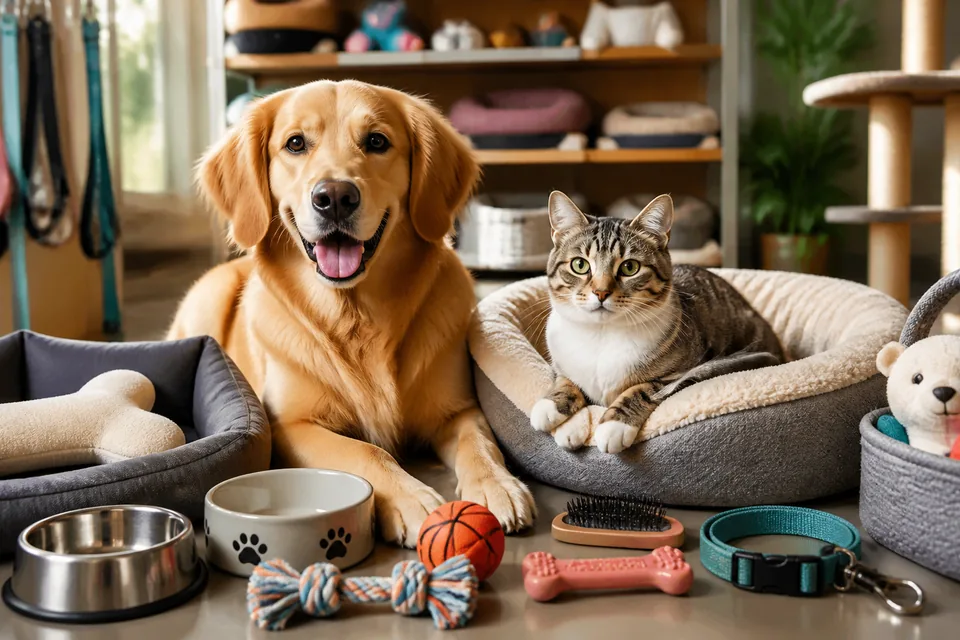 Rayon animaux : chien et chat entoures de gamelles, paniers et jouets