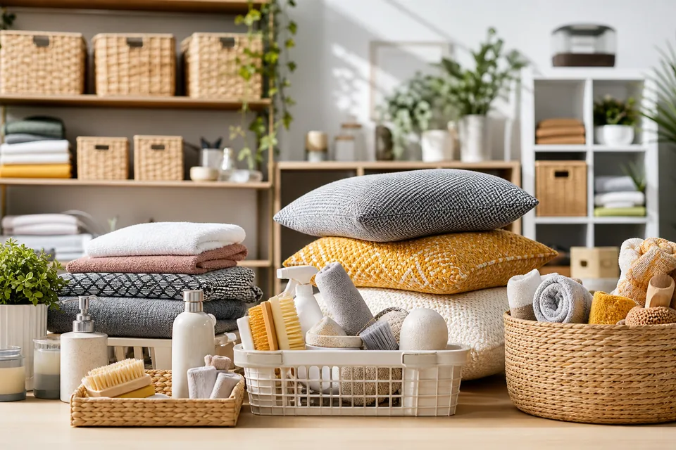 Rayon maison : paniers en osier, linge plie et petit rangement